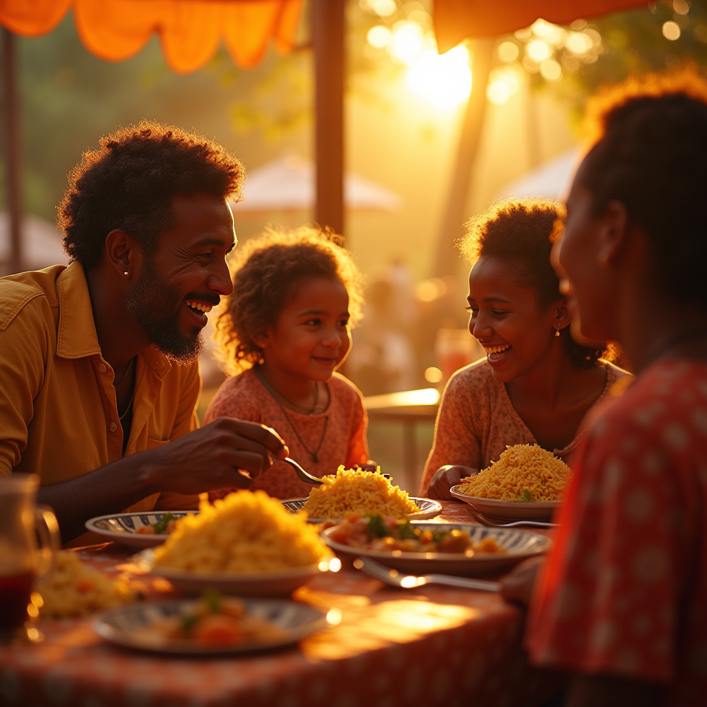 Family gathered around the table, joyfully sharing a meal of Navyaa Foods prepared rice to celebrate Eid. Laughter and love fill the air as everyone enjoys the delicious food together.