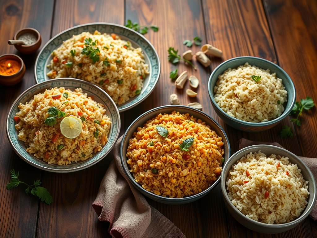 An assortment of healthy rice dishes served in decorative bowls, including colorful pilafs and plain rice options, arranged on a wooden table.