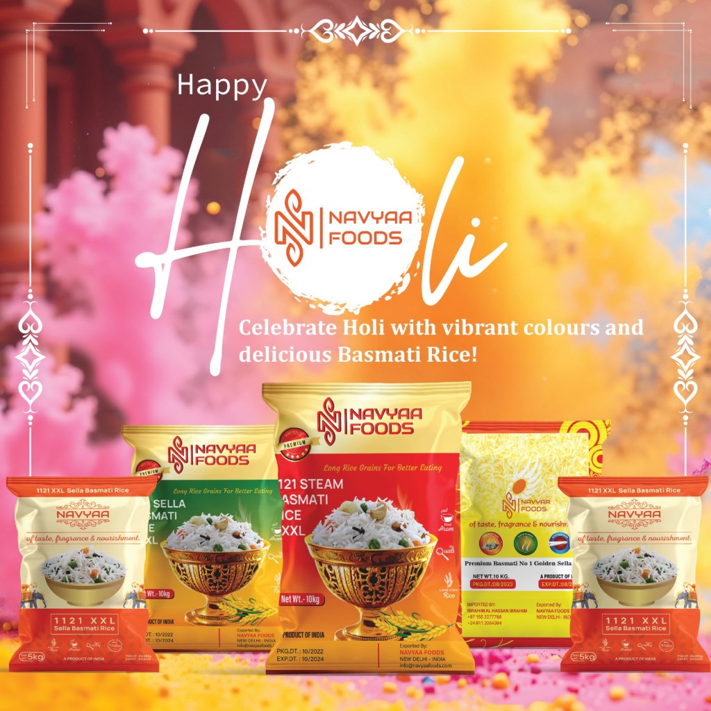 Vibrant saffron sweet rice made with Navyaa Foods basmati rice, the perfect centerpiece for your Holi celebration!