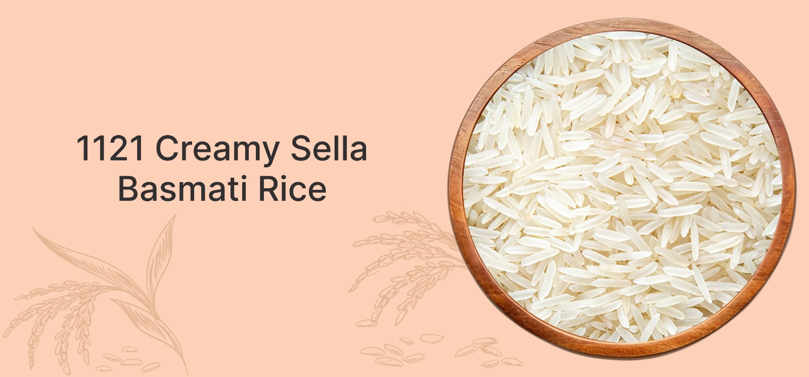 A bowl of 1121 Creamy Sella Basmati Rice displayed on a soft peach background, showcasing the long, thin grains of rice.
