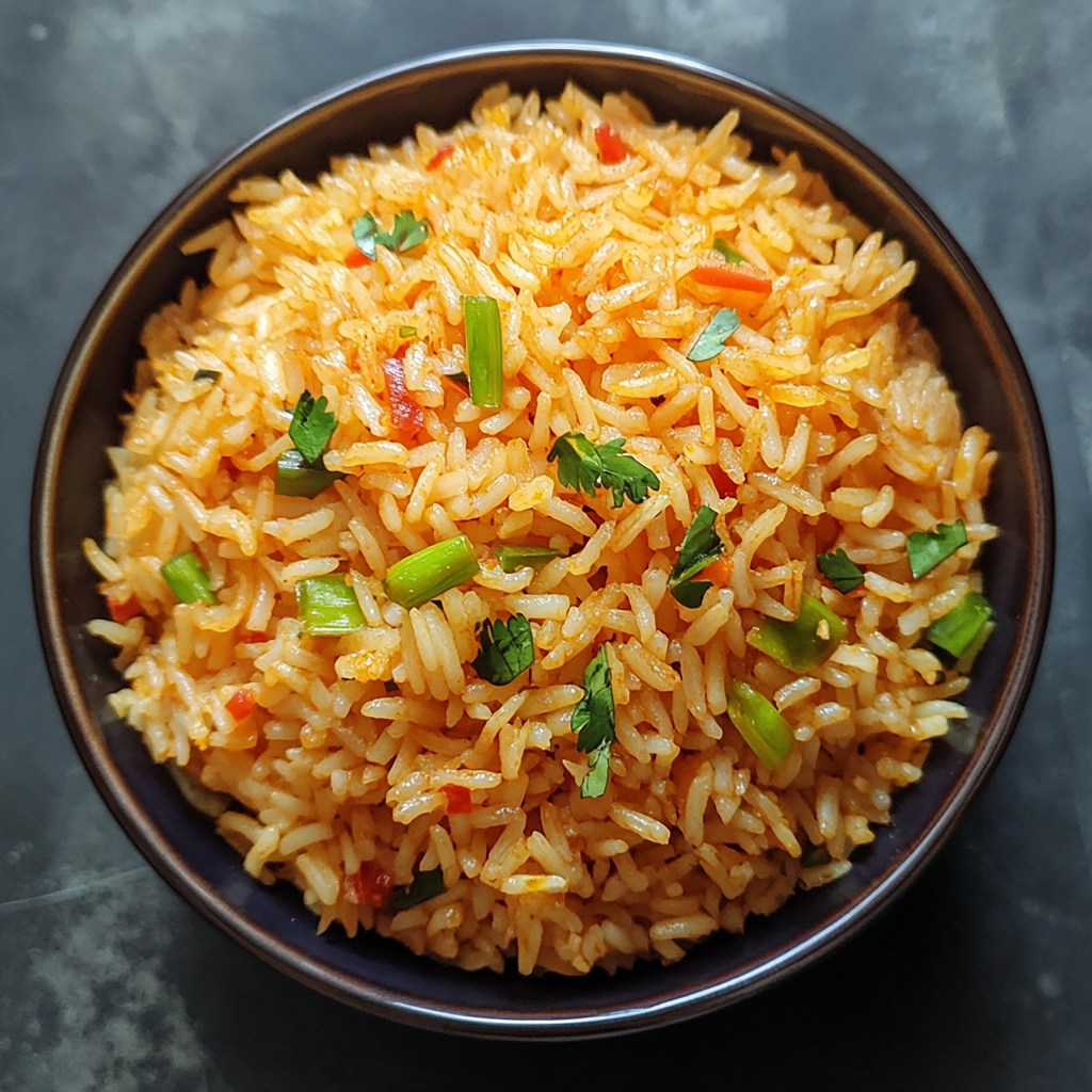 A vibrant bowl of Eritrean tomato rice garnished with fresh herbs, showcasing a rich, reddish hue from ripe tomatoes and spices, accompanied by colorful vegetables for added texture and flavor.