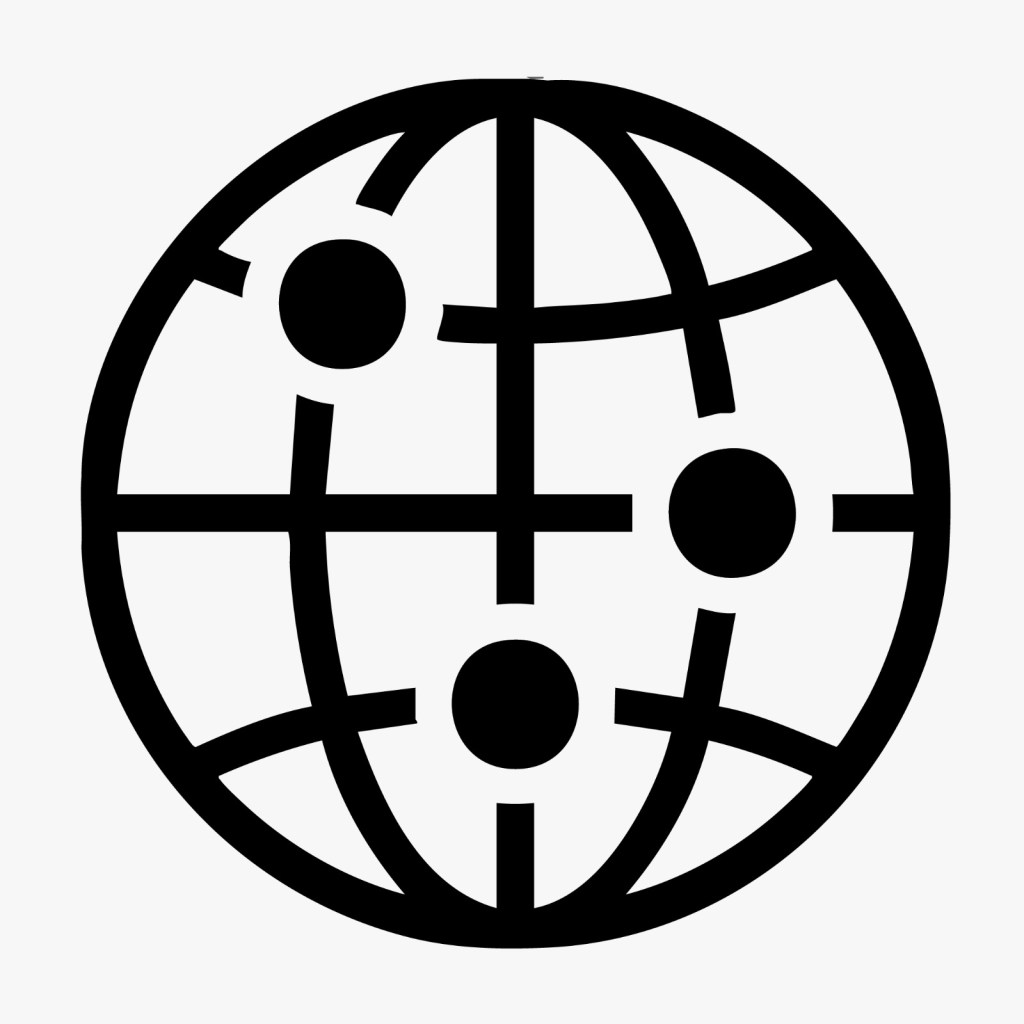 Icon of a globe with lines and dots representing connectivity or the internet.