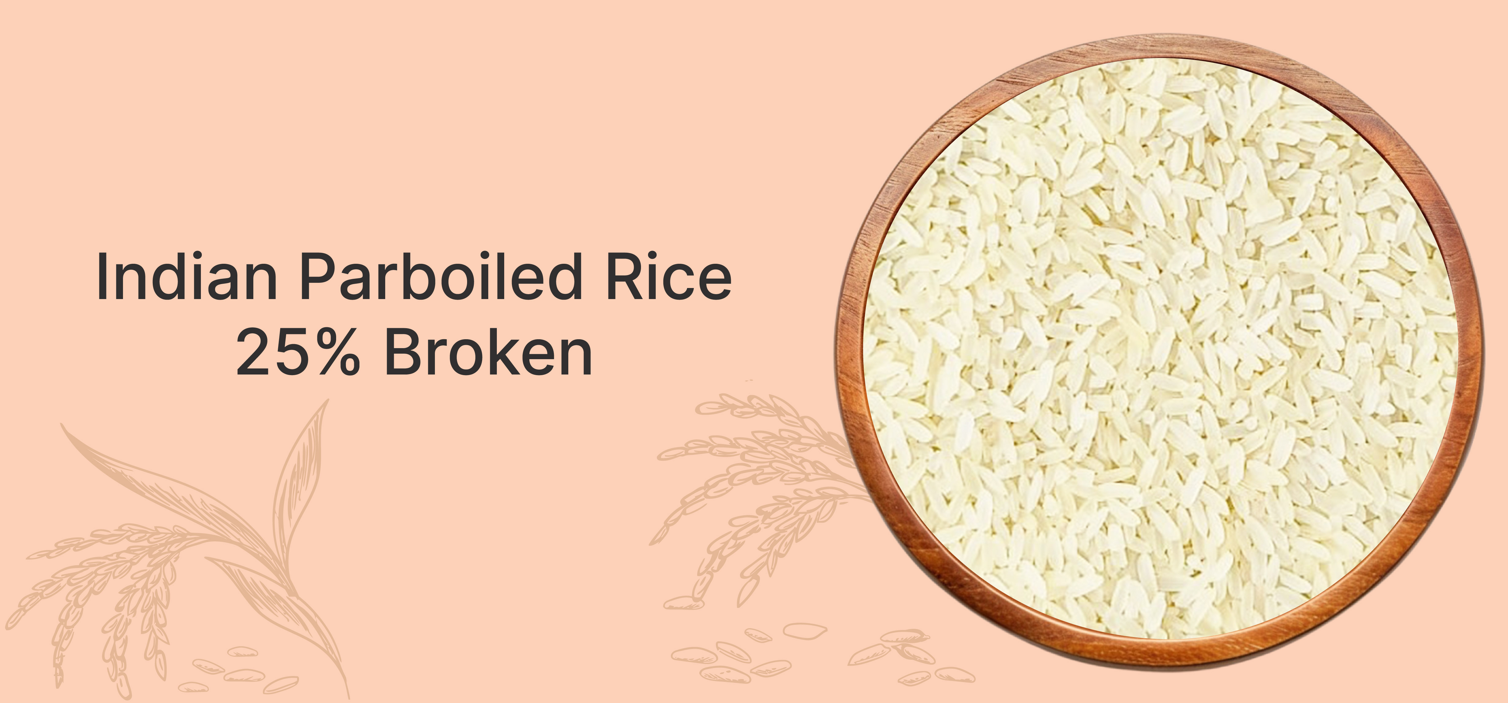 A bowl of Indian Parboiled Rice 25% Broken displayed on a soft peach background with decorative rice illustrations.