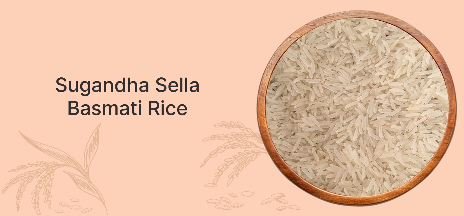 Sugandha Sella Basmati Rice in a wooden bowl against a light orange background, showcasing its elongated grains.